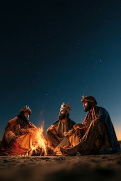 Three Wise Men Resting Around Campfire Under Starry Sky