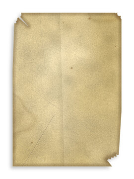Old weathered parchment paper sheet featuring realistic vintage texture with torn corners creases stains and drop shadow isolated on transparent background