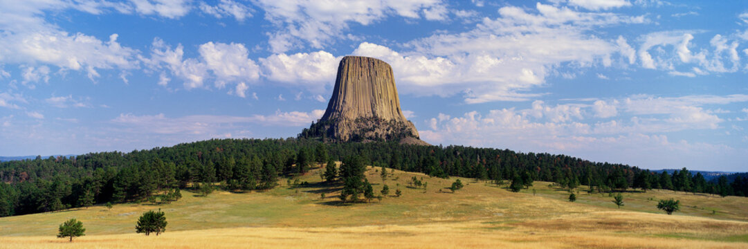 Devil's tower monolithic rock formation in wyoming grassland landscape