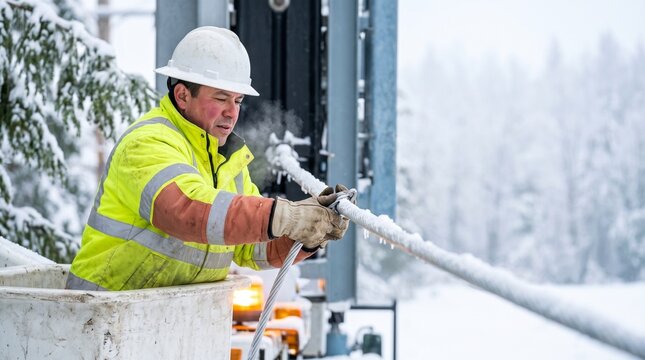 Electrical lineman in a bucket truck repairing an ice-covered power line during a freezing winter storm with snow in the background