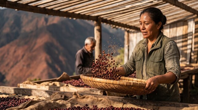 Indigenous female farmer winnowing dried coffee beans in a woven basket under a wooden pergola with mountains in the background