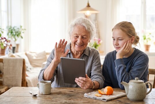 Happy senior grandmother and young granddaughter waving at digital tablet during a video call while sitting together at a wooden table in a cozy home