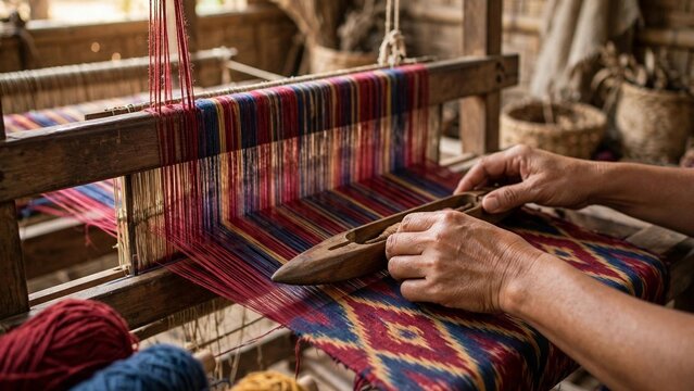 Indonesian tenun ikat weaving on traditional wooden loom with colorful threads