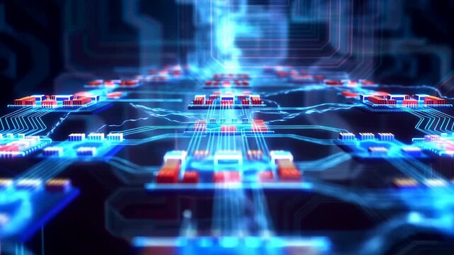 Glowing circuit boards connect through blue pathways as electric arcs flicker between red and blue components, with forward movement through layered rows against dark technology background