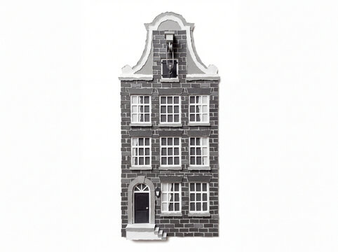 Traditional Dutch Canal House Ripped Paper Craft Illustration Isolated on White Background, Monochrome Netherlands Heritage Architecture