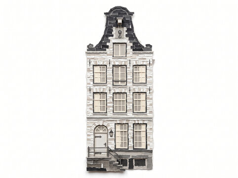 Traditional Dutch Canal House Ripped Paper Craft Illustration Isolated on White Background, Monochrome Netherlands Heritage Architecture