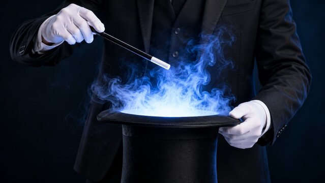 Cropped magician waving a wand above a top hat filled with glowing smoke