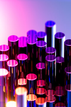 Rising Chrome Rods Against a Pink Violet Gradient, Abstract 3D Business Performance Concept