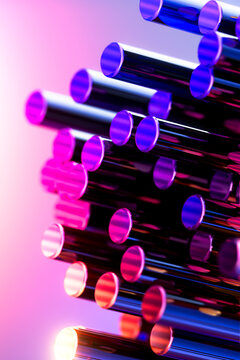 Stacked Metallic Cylinders with Pink and Blue Neon Highlights, Abstract 3D Engineering Background