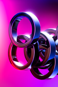 Floating Chrome Rings on Vibrant Purple Gradient, Abstract 3D Connection and Infinity Concept