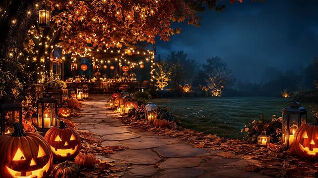 Halloween pumpkin lanterns along a garden path beside a misty field. Autumn holiday decorations and seasonal celebration. Rustic outdoor party setting.