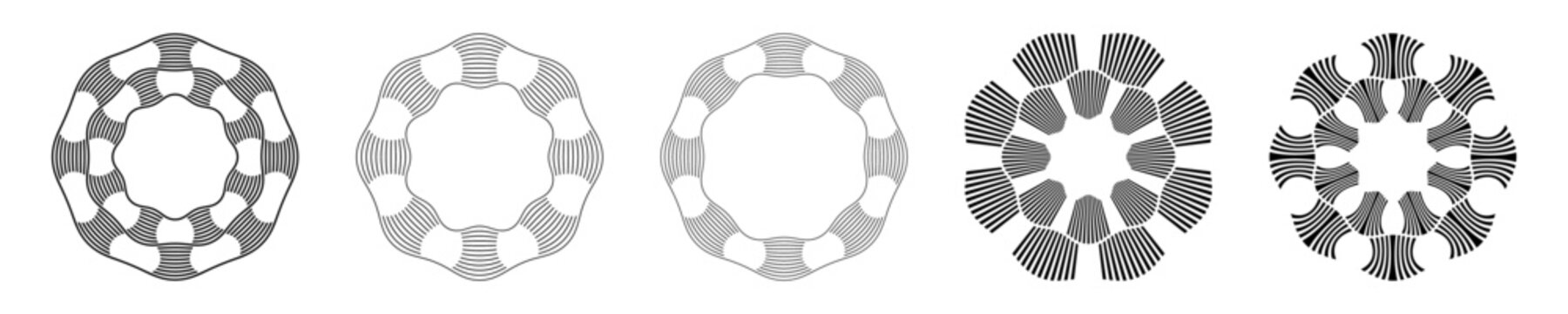 Set of five black circular rosette vector ornaments featuring fine radial linework and symmetrical geometric patterns, isolated on white background. Decorative designs elements.