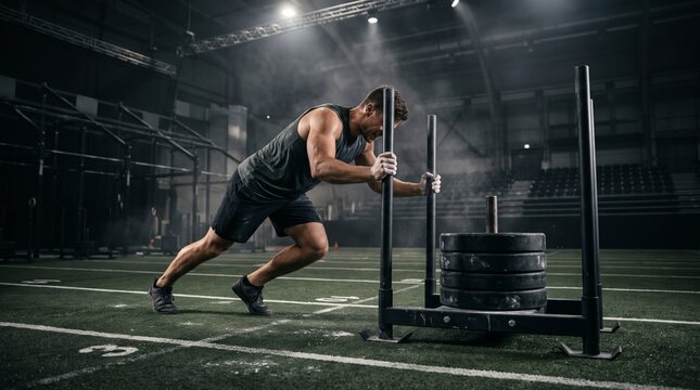 Muscular male athlete pushing heavy weight sled across indoor turf track conveying intense strength endurance and hardcore athletic determination