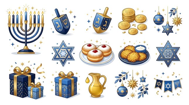 Modern Hanukkah Icon Set with Menorah, Dreidels, Traditional Jewish Foods and Festive Decorations