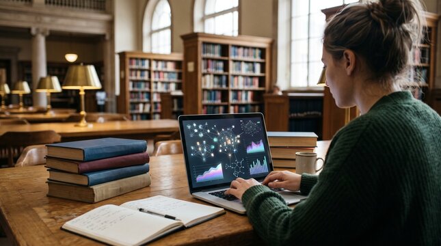 Focused female university researcher analyzing complex data graphs on laptop in historic library, highlighting academic excellence and big data science research