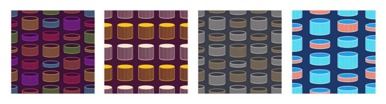 Set of four striped cylinders vector seamless patterns. Stylish pattern design. Geometric shapes patterns. Vector seamless geometric color backgrounds.