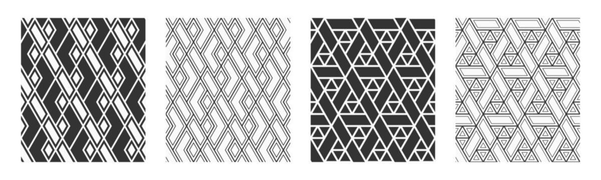 Set of four vector seamless patterns. Mosaics motif. Tiles patterns. Geometric shapes, rhombuses patterns. Abstract seamless black and white flat design vector backgrounds.