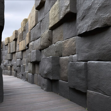 Megalithic ashlar stone wall, clean geometric blocks, ancient architecture, textured surface, outdoor pathway