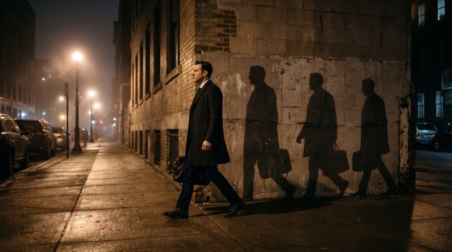 a businessman walking down a misty city street at night with multiple dynamic shadows on a brick wall.