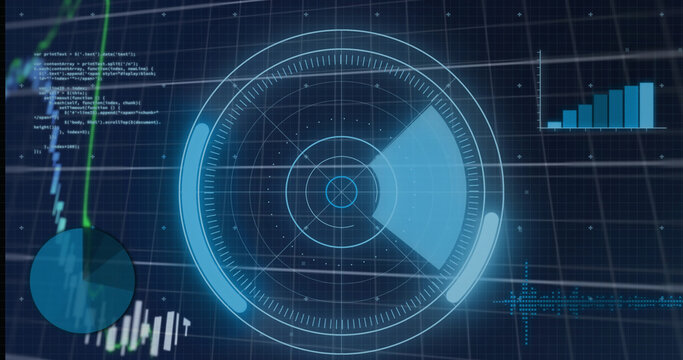 A digital interface concept visualizes global data processing on a grid-based background.