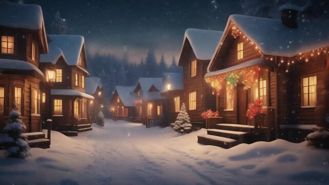 cinematic christmas eve, snow falling slowly in a cozy small town, warm lights glowing from wooden houses