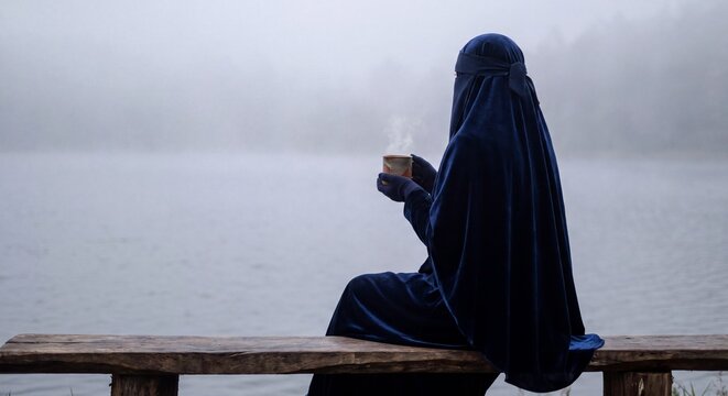 Mindfulness and quiet reflection as a woman in a blue niqab holds a steaming cup of tea while sitting on a bench by a tranquil fog-covered lake