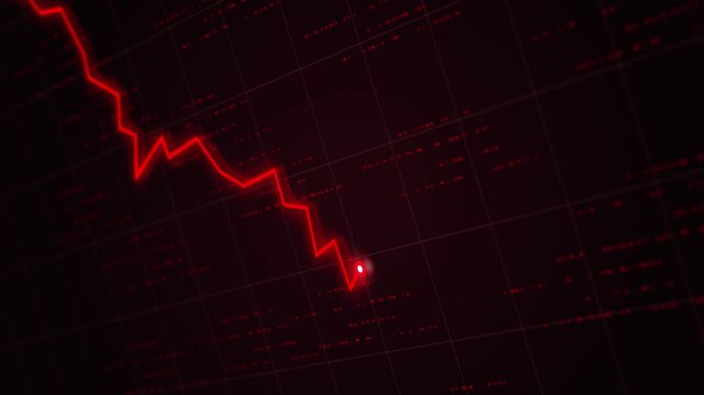 Descending trading graph and downward arrows showing financial crisis, economic recession, and investment decline, stock market losses and bankruptcy