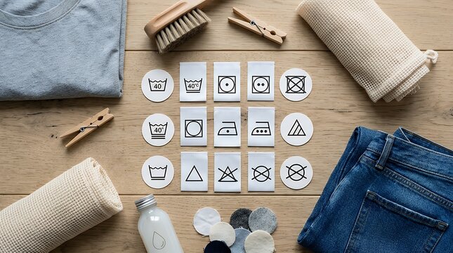 Flat lay arrangement of clothing maintenance s representing machine washing instructions and fabric handling guides laundry icon symbol sign guide instruction fabric textile care wash washing machine