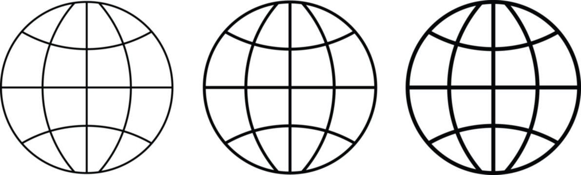 Globe Icon Set with Three Black Outline Line Weights, World Earth Grid Symbols for Global Internet Network, Geography, Website, Navigation and Digital Design