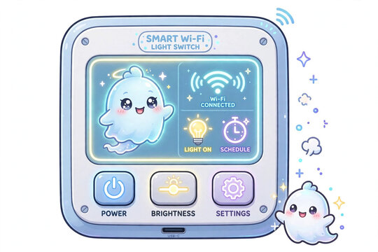 Cute smart Wifi light switch cartoon with kawaii ghost character