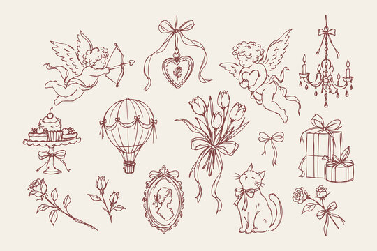 Hand Drawn Vintage Valentine Set with Elegant Cupids, Delicate Heart Locket, Tulip Bouquet, Roses, Hot Air Balloon, Chandelier, Cameo, Cat, Gift Boxes and Bows Line Art Sketch