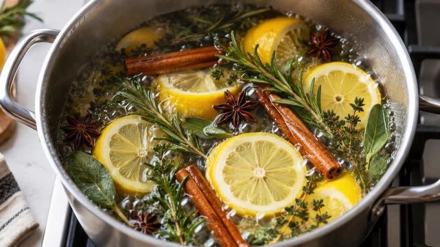 Lemon herb simmer pot bubbles with cinnamon and star anise in an overhead stovetop view