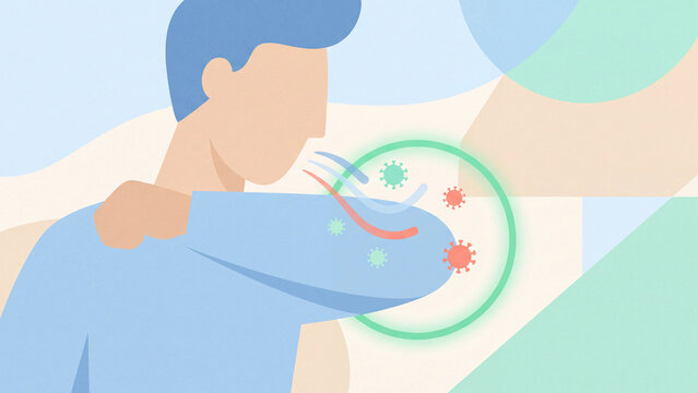 Cough etiquette concept, faceless person coughing into the crook of the elbow to stop viruses spreading, flat vector illustration