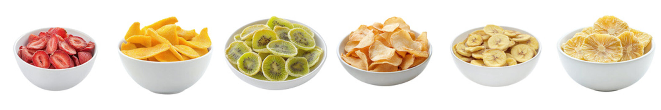 Set of dried fruit chips: kiwi, strawberry, mango, banana, orange, isolated on transparent background PNG, clipping path, template, mockup, cut out