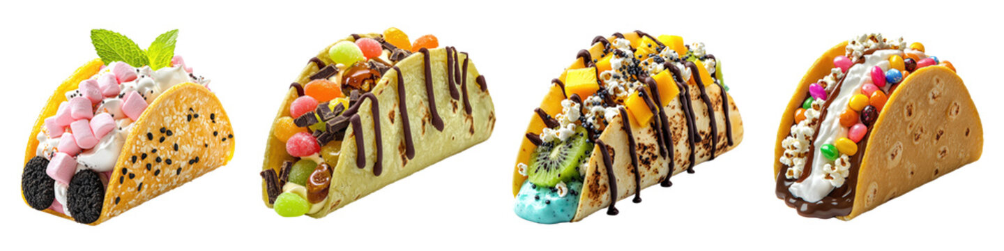 Set of sweet tacos with chocolate, banana, jelly beans, and candies, isolated on transparent background PNG, clipping path, template, mockup, cut out