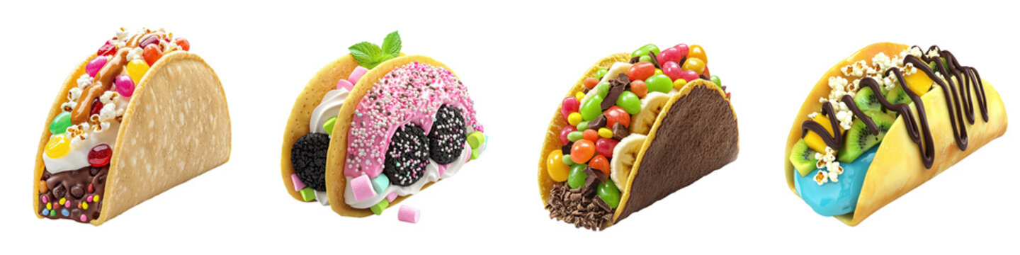 Set of sweet tacos with chocolate, banana, jelly beans, and candies, isolated on transparent background PNG, clipping path, template, mockup, cut out