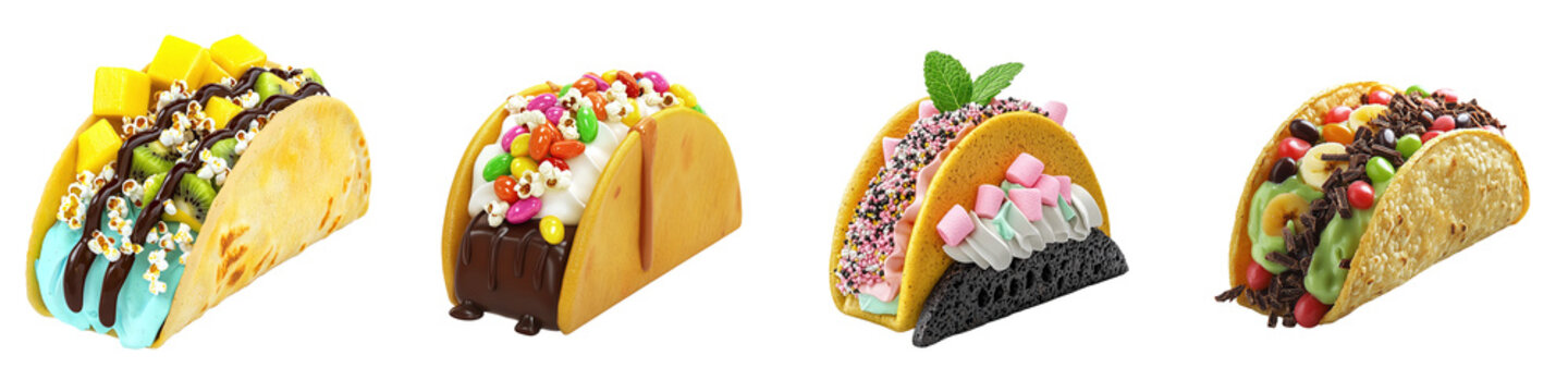 Set of sweet tacos with chocolate, banana, jelly beans, and candies, isolated on transparent background PNG, clipping path, template, mockup, cut out