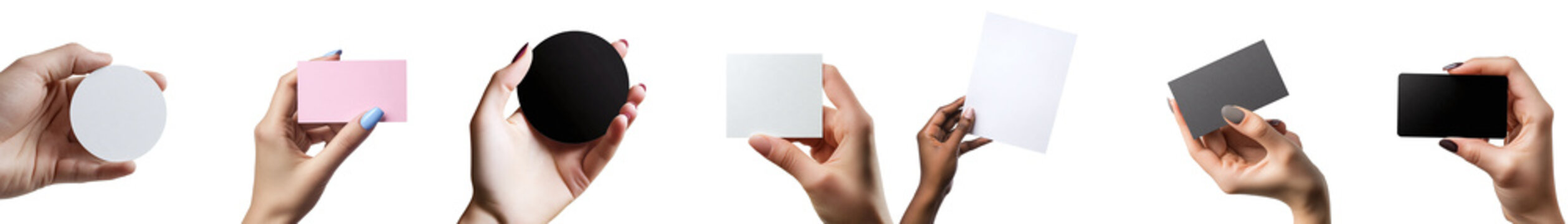 Set of business cards mockup in people's hands, isolated on a transparent background PNG, clipping path, template, mockup, cut out