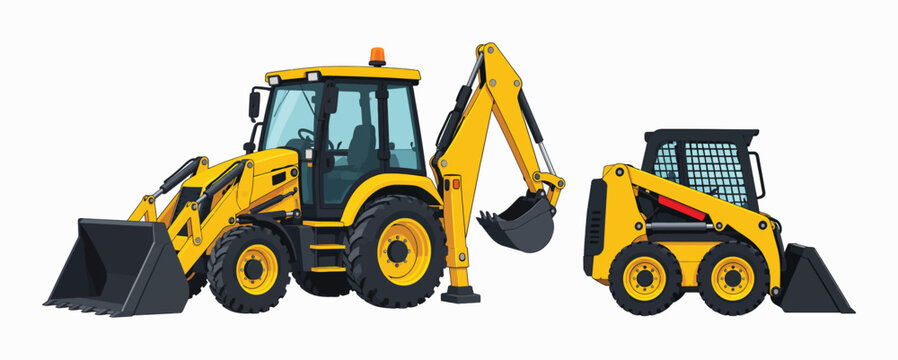 Yellow backhoe loader and skid steer vector set, heavy construction machinery, industrial earthmoving equipment icons.