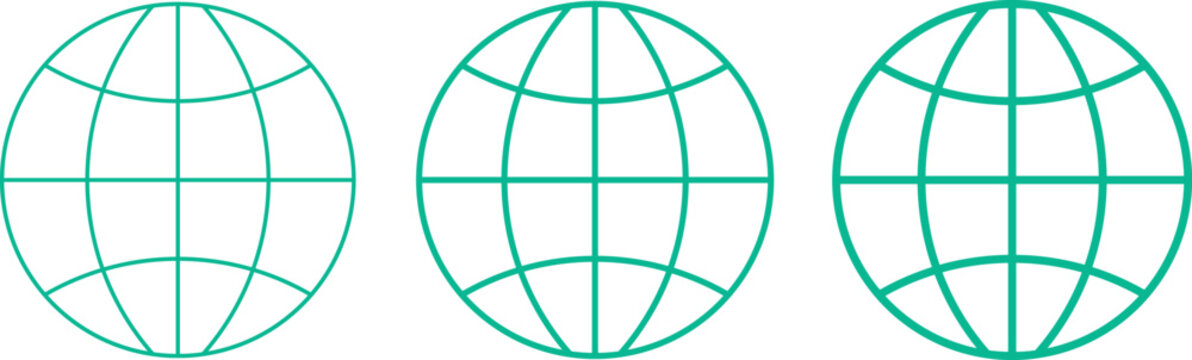 Green Globe Icon Set with Three Outline Stroke Thickness Variations, World Earth Grid Symbols for Global Internet Network, Geography, Website and Mobile App Design