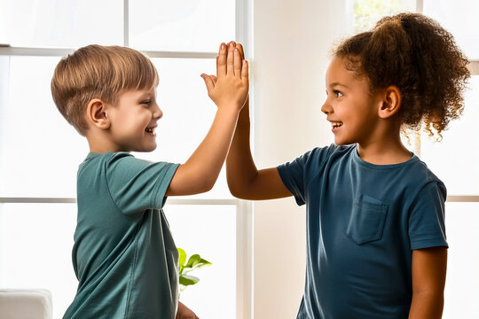 Kinder geben sich spielend einen High Five
