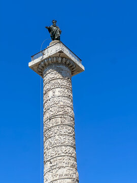 The Column of Marcus Aurelius in the Piazza Colonna in Rome (Italy).