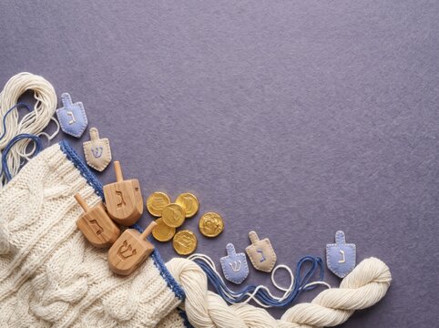 Festival of lights background featuring traditional wooden dreidels, chocolate gelt coins, and handcrafted felt ornaments displayed on a textured textile surface with generous copy space