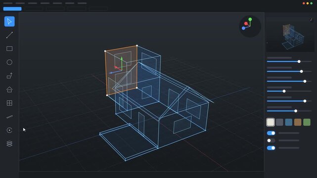 Designing a 3D house model in CAD software: floor plan sketch extruded into walls, roof and windows, wireframe turning into solid render, architecture interface animation, 4K