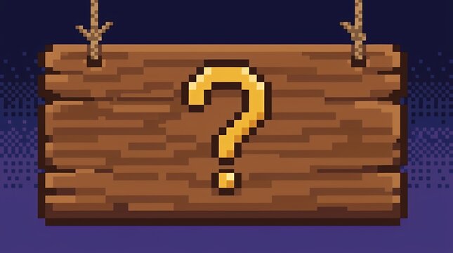 Retro pixel art wooden signboard featuring a curious question mark symbol for quiz game interface vintage eight bit timber plank cartoon graphic asset for mystery riddle FAQ concept graphic