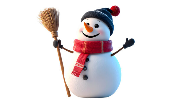 a happy snowman wearing red scarf and black hat, holding broom, isolated on transparent background.