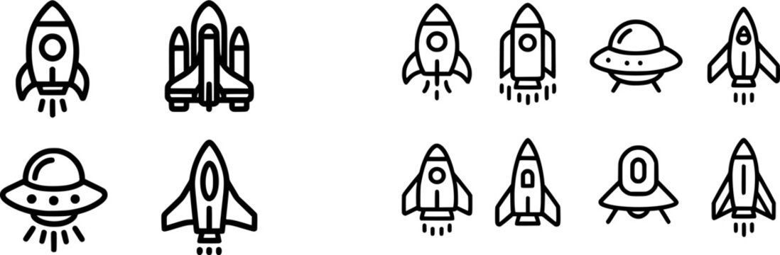 The image features a variety of space-themed icons, including rockets, spaceships, and an alien spaceship, all set against a black background