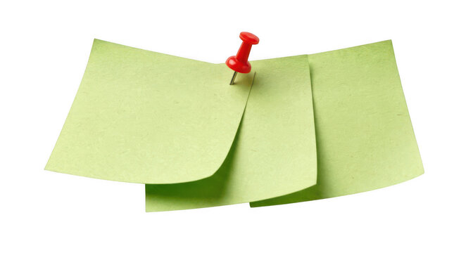 Stack of three green sticky notes with red pushpin on transparent background