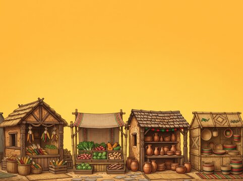 Kwanzaa market stalls copy space background featuring african crafts pottery harvest vegetables maize and handmade goods for cultural celebration and heritage festival banner