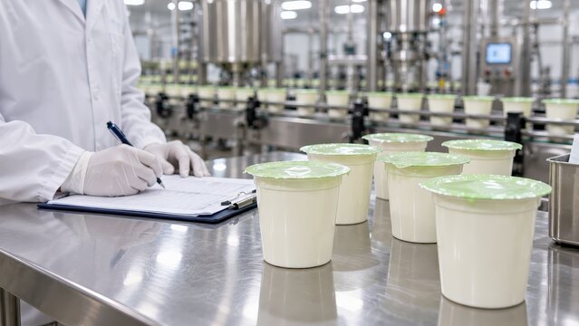 Food quality control worker recording inspection results beside sealed yogurt cups in a dairy production plant
